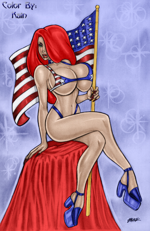 american_flag american_flag_bikini artist_signature big_breasts bikini choker colored deacon_black disney english_text female female_only flag hair_over_one_eye high_heels jessica_rabbit kain_(colors) lipstick long_hair long_red_hair platform_heels red_hair red_lipstick sitting solo star_choker text who_framed_roger_rabbit