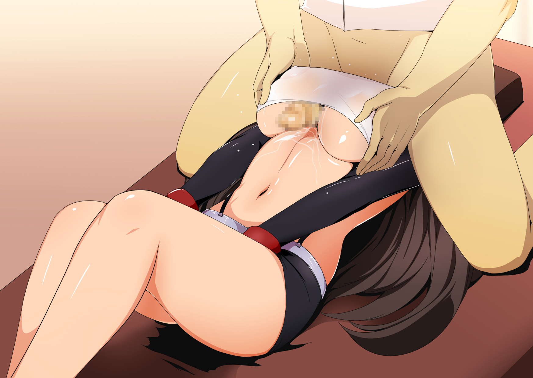 1boy, 1girls, areolae, black hair, breast grab, breasts, censored, elbow gloves, embarrassed, facesitting, female, final fantasy, final fantasy vii, gureko rouman, highres, huge breasts, human, legs, long hair, lotion, lying, male, male facesitting, maledom, midriff, mosaic censoring, navel, nipples, paizuri, penis, pillow, reverse paizuri, reverse titfuck, rimjob, rimming, rimzuri, sitting, skirt, solo focus, straight, suspenders, sweat, tank top, thighs, tifa lockhart, wet clothes