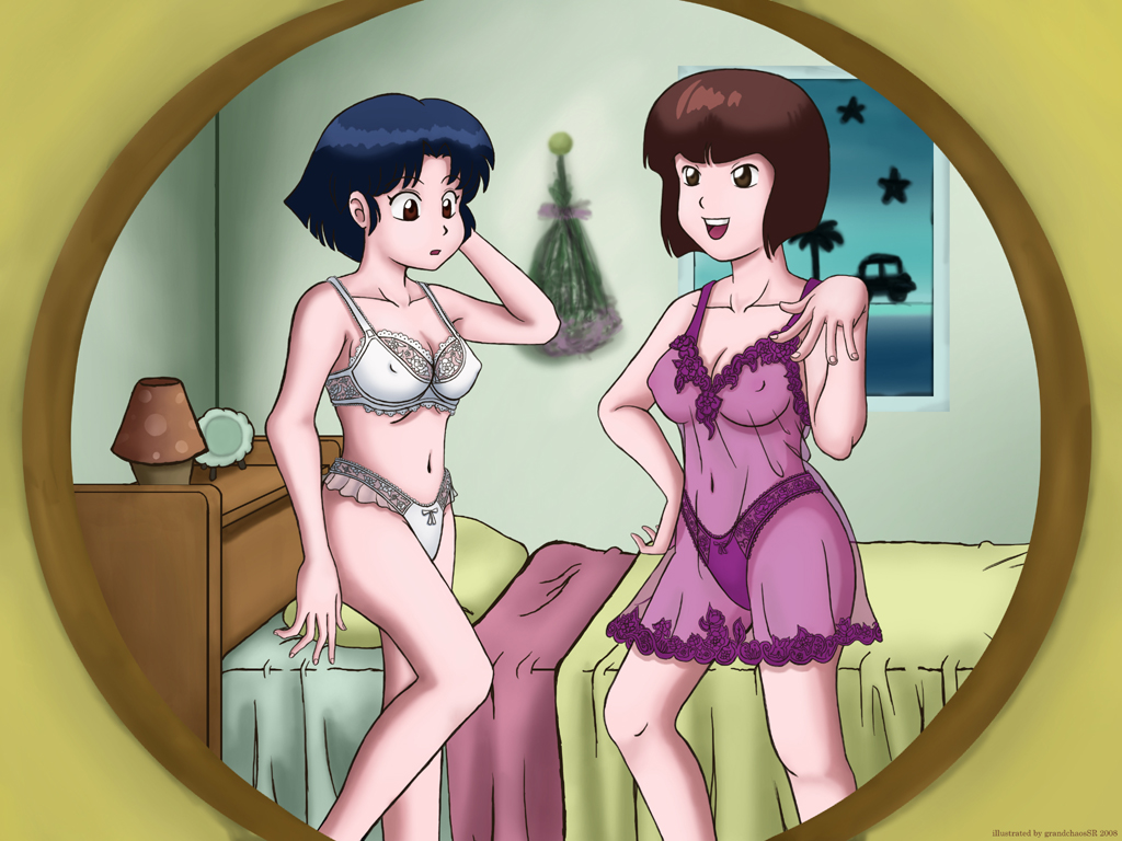 akane_tendo bed blue_hair bra brown_hair female female_only grandchaossr lingerie multiple_girls nabiki_tendo negligee panties ranma_1/2 short_hair sisters small_breasts tagme