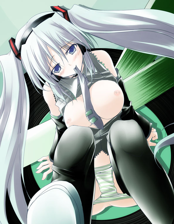 breasts gisyo hatsune_miku mouth_hold nipples open_clothes open_shirt pale_skin panties shirt striped striped_panties thighhighs tied_hair twintails underwear vocaloid