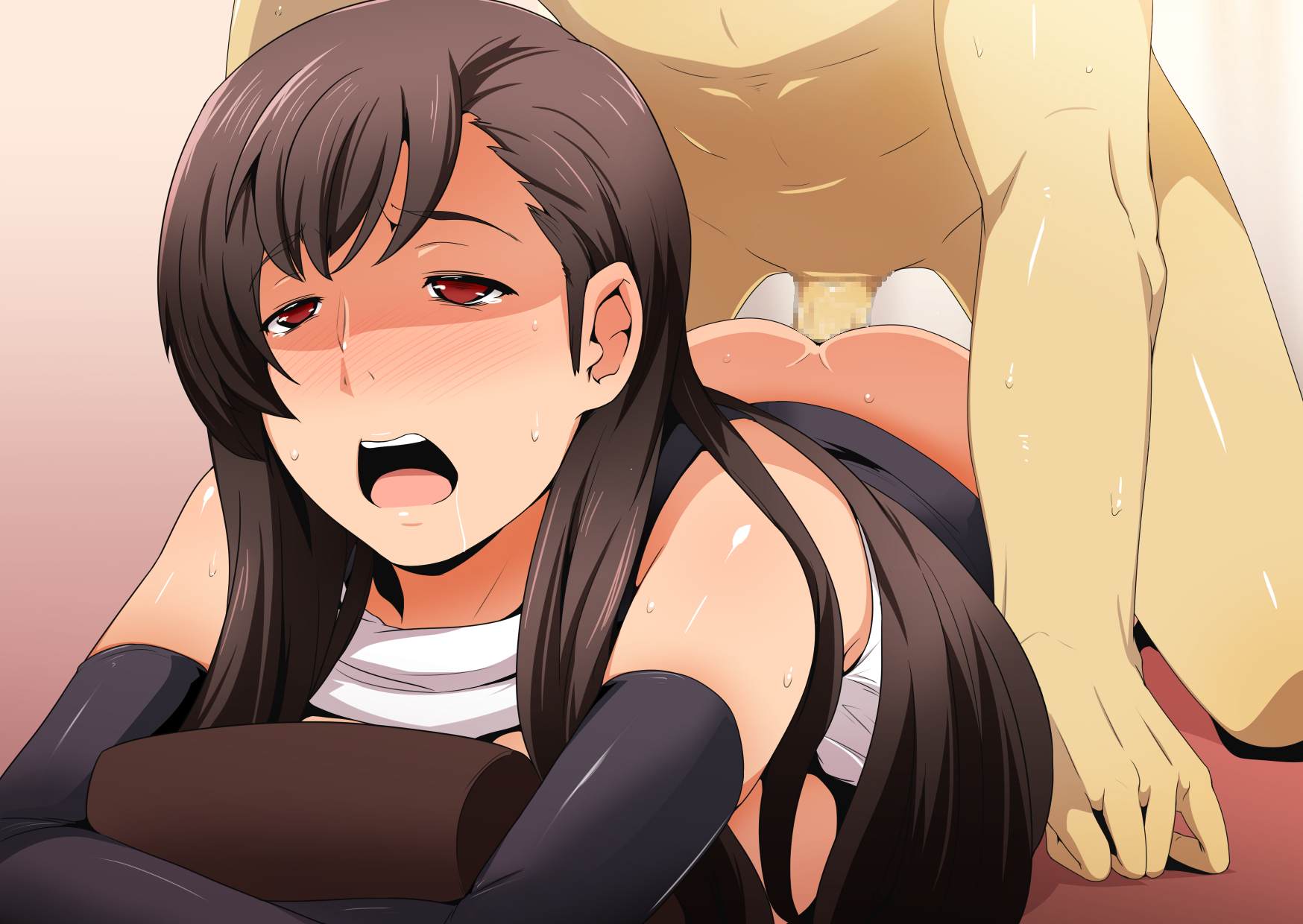 ass, black hair, blush, breast press, breasts, censored, clothed female nude male, elbow gloves, female, final fantasy, final fantasy vii, gureko rouman, highres, human, large breasts, legs, long hair, lying, male, mosaic censoring, no panties, on stomach, open mouth, penis, pillow, prone bone, pussy, red eyes, sex, shirt lift, skirt, skirt lift, solo focus, straight, suspenders, sweat, tank top, thighs, tifa lockhart, vaginal penetration