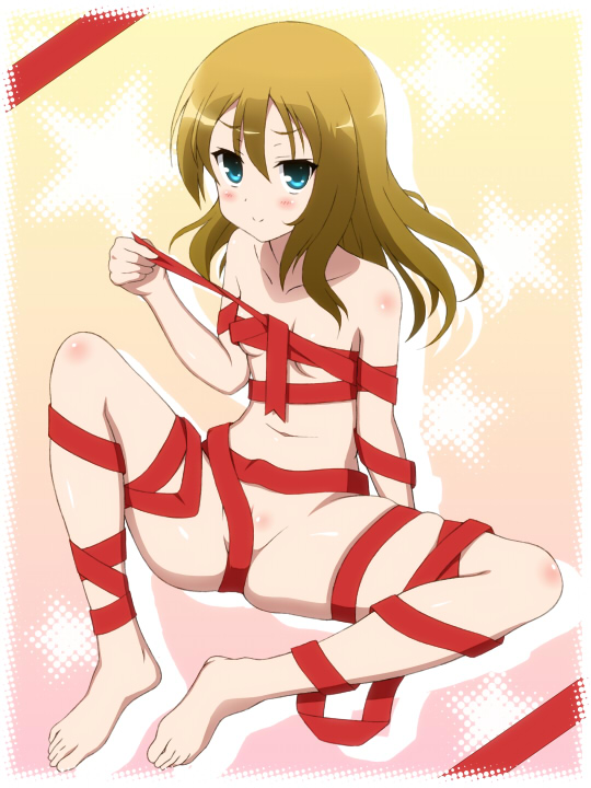 1girls aqua_eyes blue_eyes blush brown_hair feet female flat_chest long_hair looking_at_viewer naked_ribbon nude oohoshi_awai pussy ribbon saki saki_achiga-hen smile solo ubox