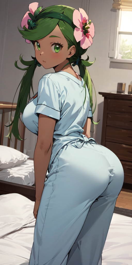 1girls ai_generated ass_focus ass_up big_ass big_breasts female female_only green_hair human mallow_(pokemon) pajama_pants pajamas pokemon solo