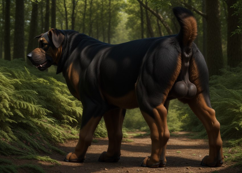 ai_generated back_focus back_view balls black_fur brown_fur canid canine canine_penis canis feral feral_only looking_away solo solo_focus