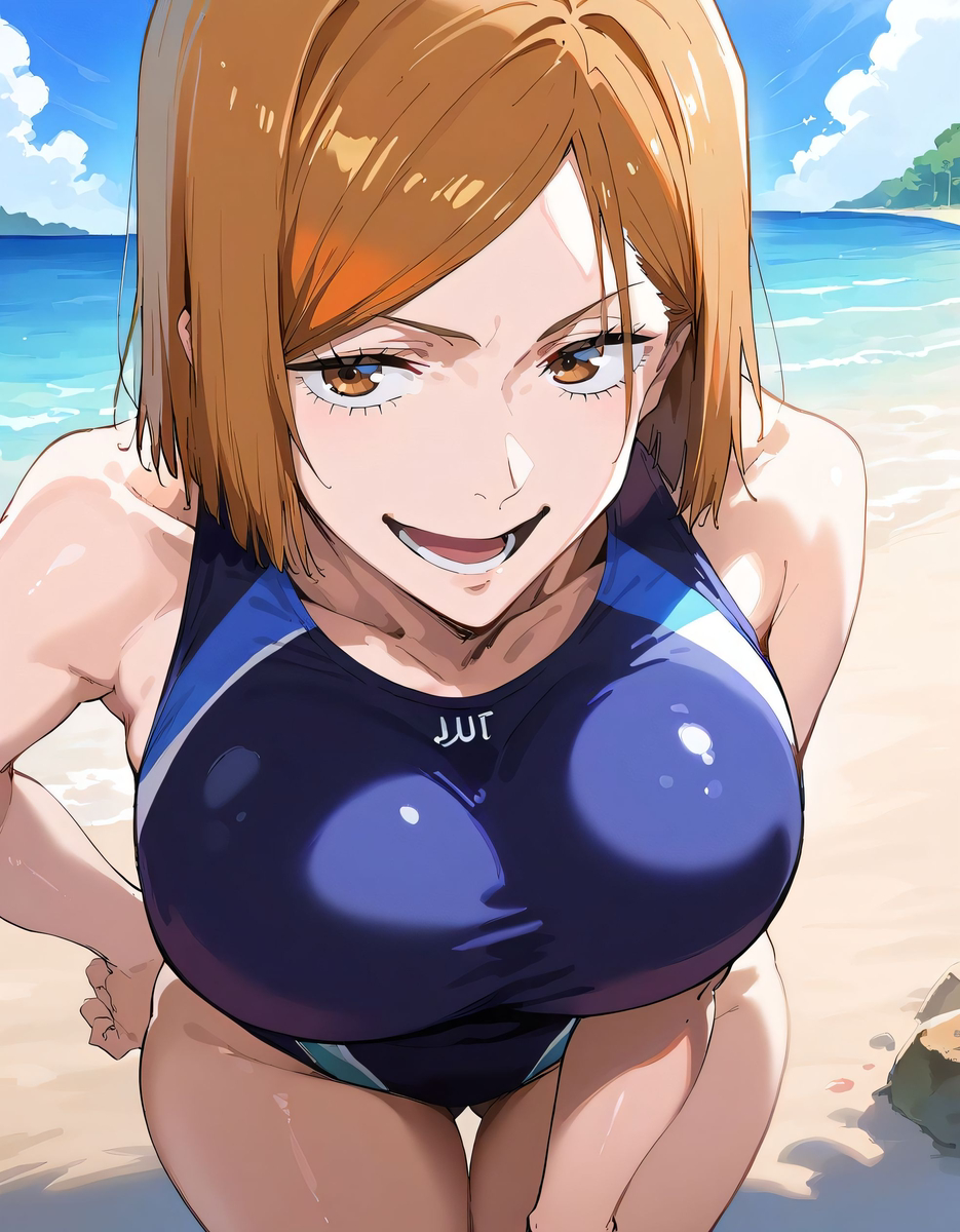 1girls, ai generated, ass, assertive female, beach, bent over, big ass, big breasts, big butt, bikini, breasts, close up, close-up, eye contact, female, female only, fit, fit female, hand on hip, human, jujutsu kaisen, kugisaki nobara, leaning forward, smirk, smirking, solo, tease, teasing, tomboy