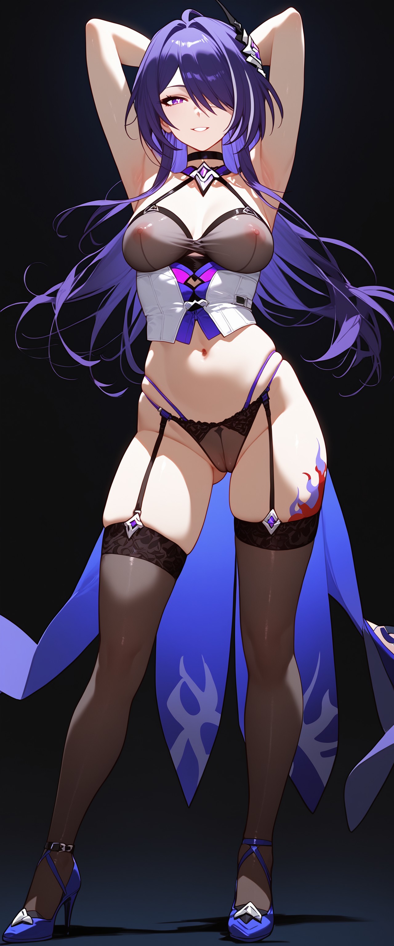 1girls, acheron (honkai: star rail), ai generated, black stockings, black thighhighs, breasts, exposed breasts, female, garter belt, garter straps, high heels, honkai (series), honkai: star rail, lingerie, panties, stockings, thick thighs, thighhighs, thighs