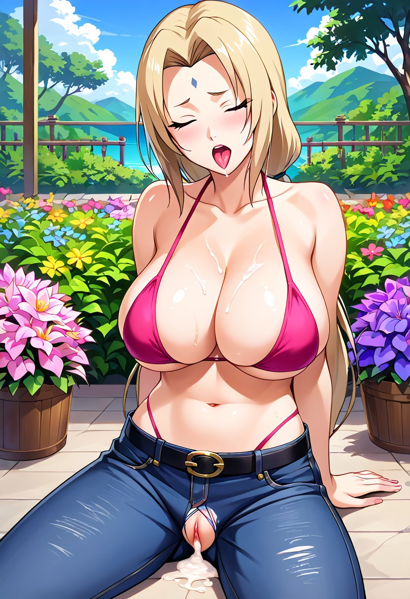 ai_generated belt big_breasts bikini bikini_top blonde_hair brown_eyes civitai cum cum_in_pussy damaged_clothes flowers forehead_mark jeans large_breasts looking_at_viewer mommy naruto naruto_(series) naruto_shippuden ponytail ripped_clothing ripped_pants sitting tsunade