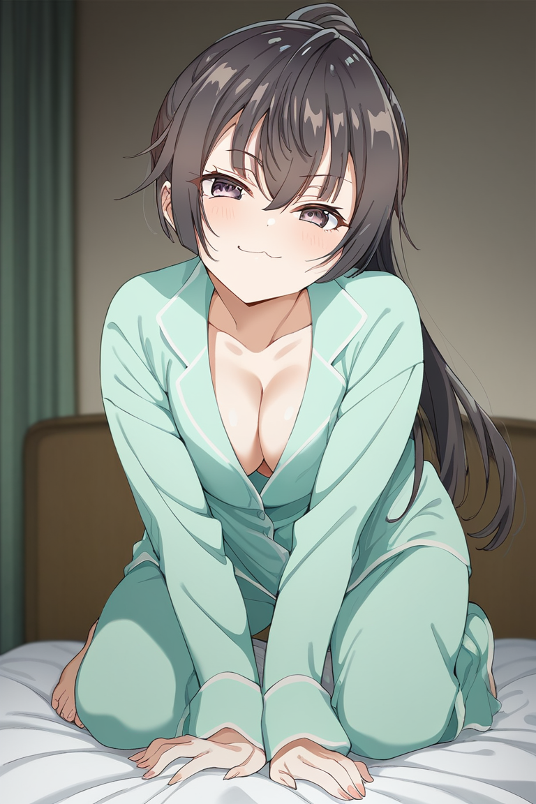 1girls ai_generated bed breasts brown_eyes brown_hair cleavage down_blouse female fully_clothed morning on_bed pajamas sister smile suou_yuki tokidoki_bosotto_russian_de_dereru_tonari_no_alya-san waking_up