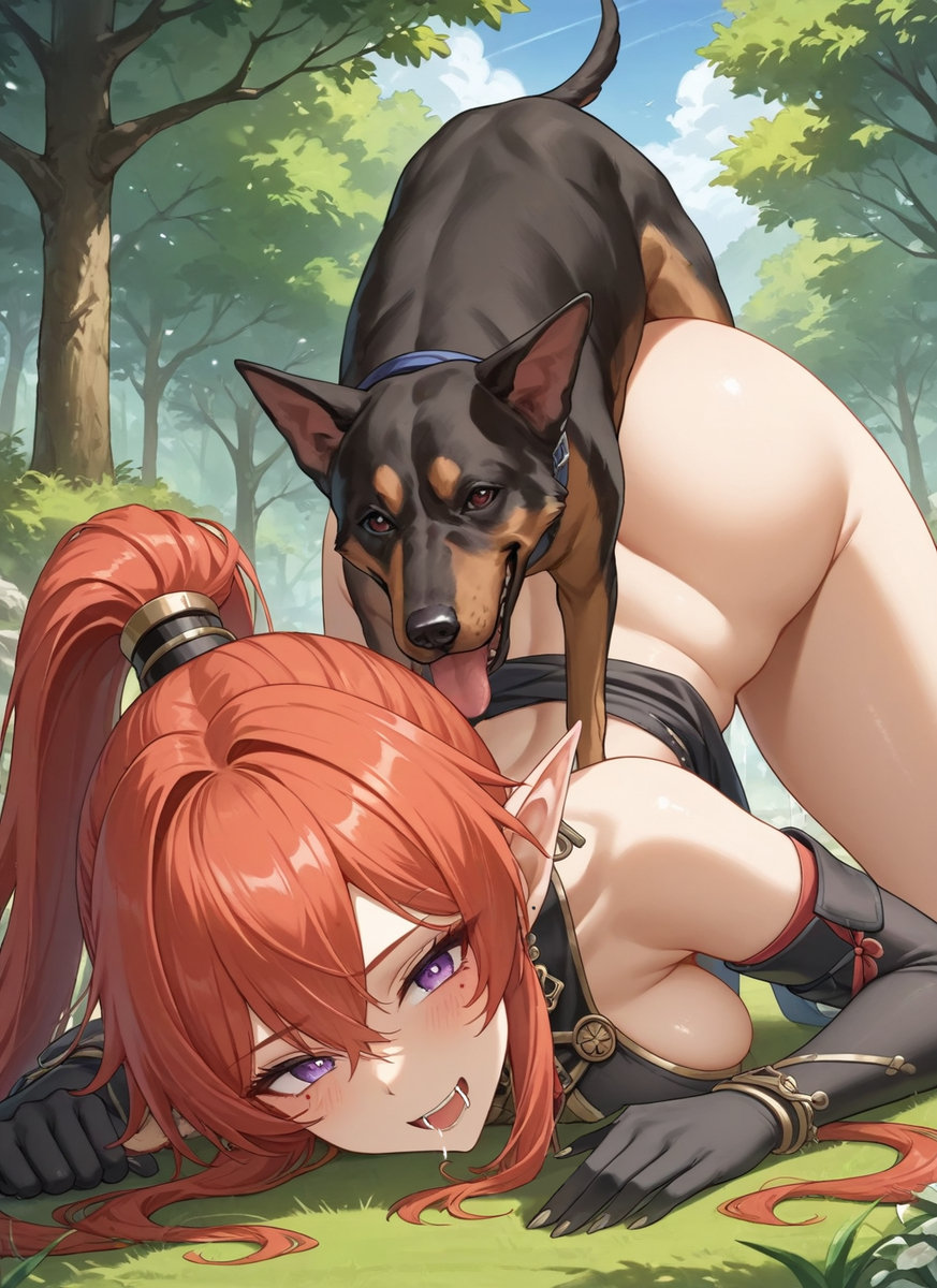 ai_generated canine elf elf_ears elf_female fucked_by_dog inari_(artist) interspecies outdoors public red_hair wuthering_waves yinlin_(wuthering_waves) zoophilia