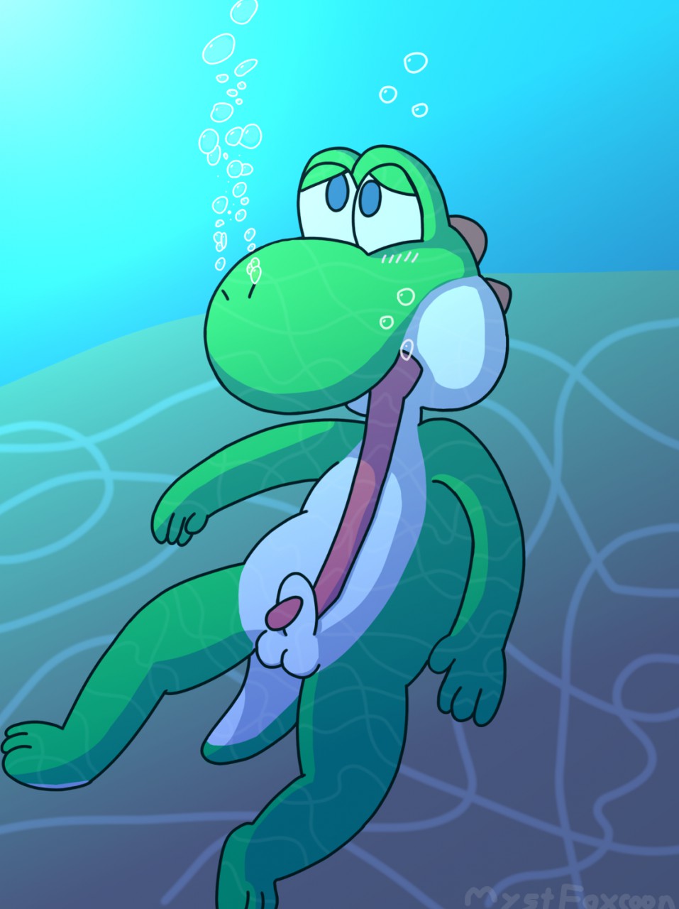 1boy a animal_genitalia animal_penis autofellatio bubbles job male male_focus male_only mario_(series) naked no_humans solo solo_focus solo_male swim tongue tonguejob underwater water xmystx yoshi