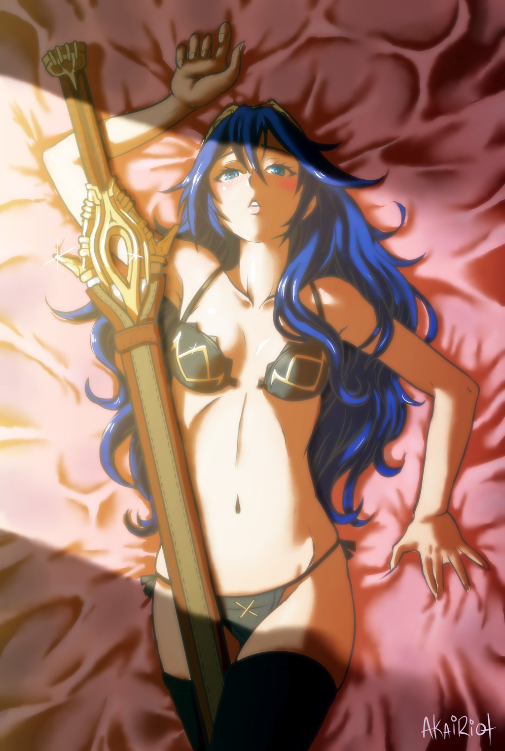 akairiot, blue eyes, blue hair, blush, bra, cleavage, falchion (fire emblem), female, female only, fire emblem, fire emblem awakening, human, long hair, lucina (fire emblem), lying, navel, nintendo, panties, solo, sword, thighhighs, weapon
