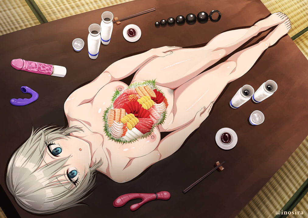 :o anal_beads anastasia_(idolmaster) blue_eyes breasts choko_(cup) chopsticks collarbone completely_nude cup dutch_angle hair_between_eyes idolmaster idolmaster_cinderella_girls inoshira legs_together looking_at_viewer lying nipples nude nyotaimori pubic_hair pussy sakazuki sex_toy thighs vibrator