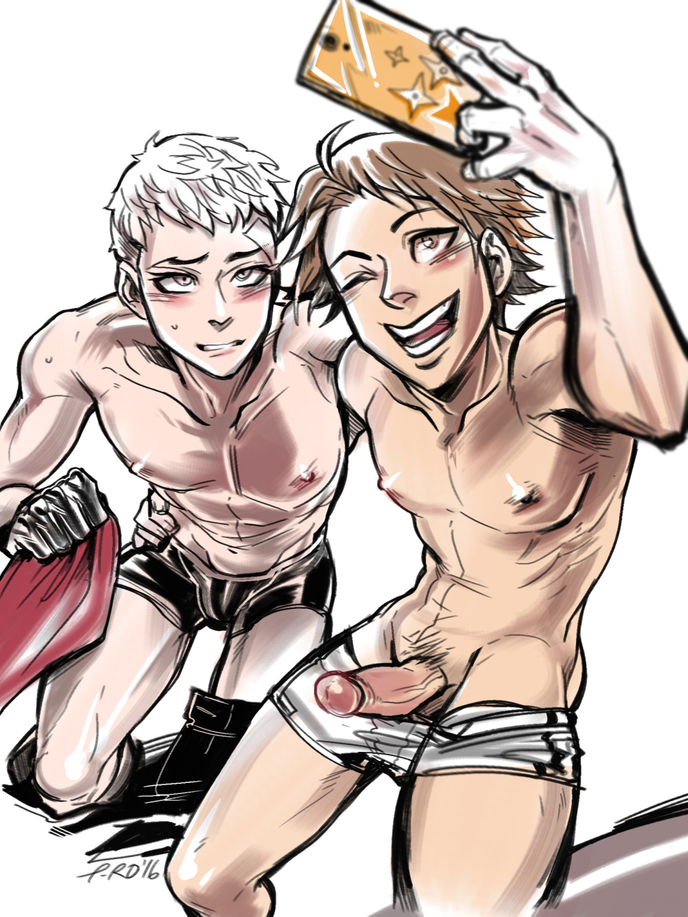 akihiko_sanada erect_penis hanamura_yousuke male_only persona persona_3 persona_4 selfie shirtless smiling toned_male underwear