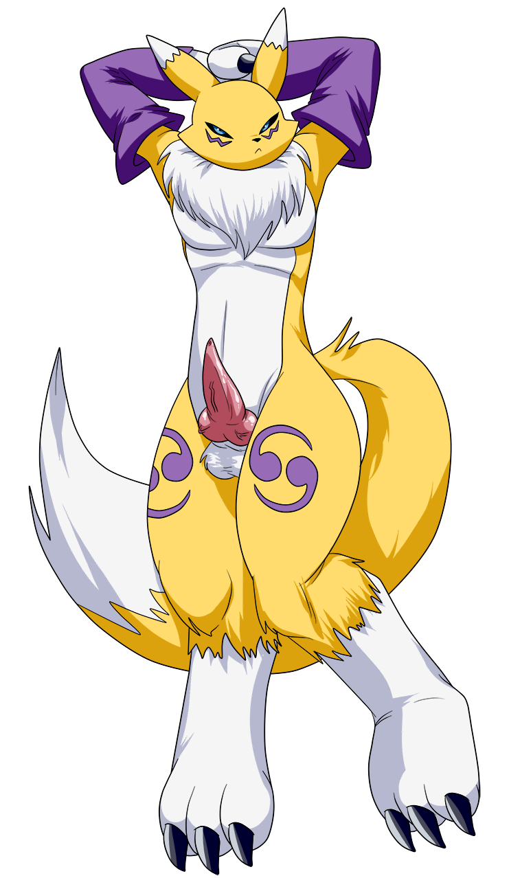 alpha_channel angry animal_genitalia balls canine canine_penis darthglacier digimon erection fur knot looking_at_viewer male male_only mammal penis plain_background pose renamon solo transparent_background white_fur yellow_fur