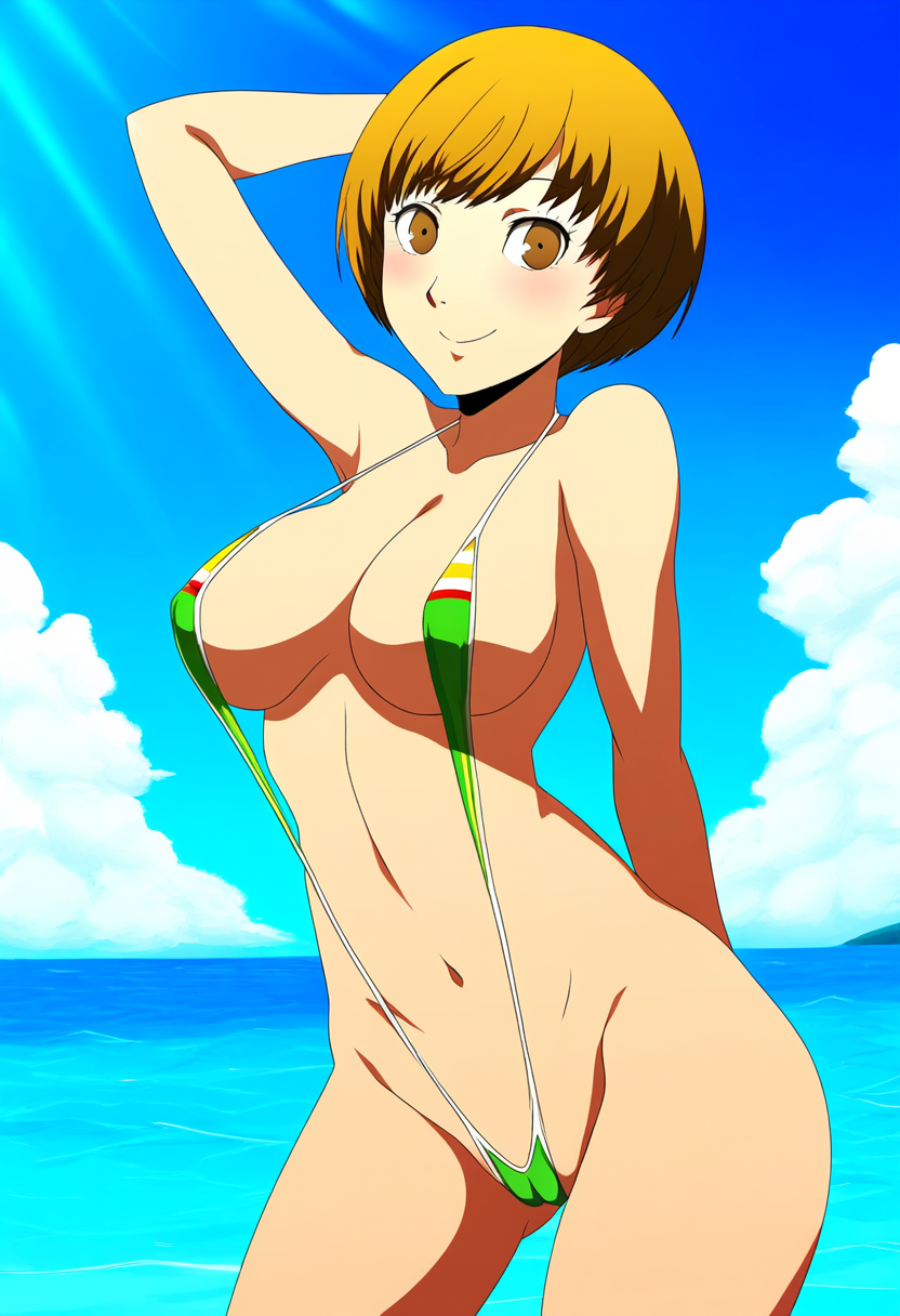 1girls ai_generated alternate_costume atlus beach breasts brown_eyes_female brown_hair brown_hair_female female female_focus female_only green_sling_bikini light-skinned_female light_skin looking_at_viewer megami_tensei nai_diffusion persona persona_4 pinup ryu_ai satonaka_chie sega sling_bikini solo solo_female solo_focus stable_diffusion swimsuit tomboy