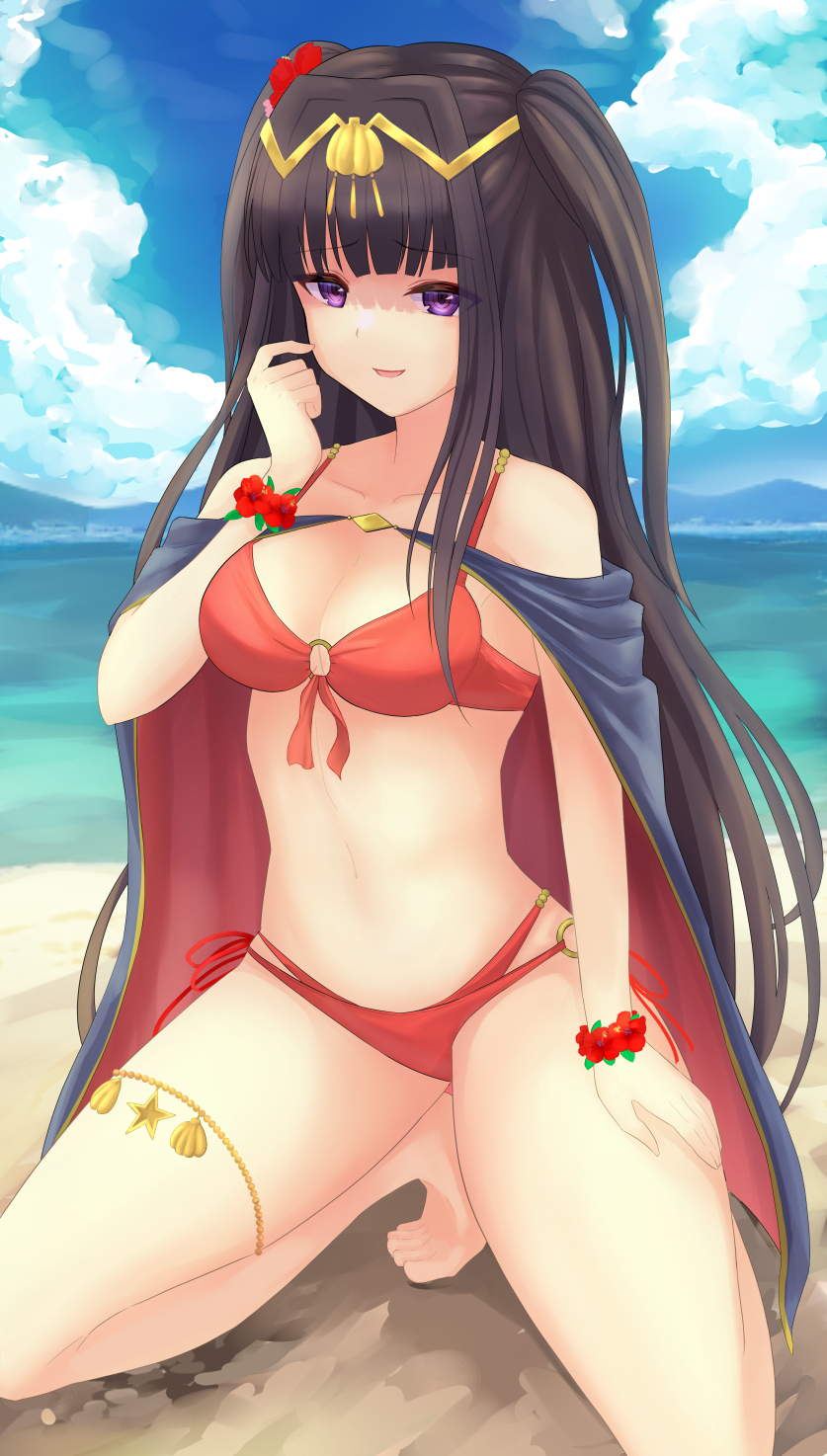 1girls alternate_costume beach bikini black_hair blue_sky blunt_bangs breasts circlet cleavage cloud el_(el406) female female female_only fire_emblem fire_emblem_awakening fire_emblem_heroes highres jewelry long_hair looking_at_viewer medium_breasts navel nintendo official_alternate_costume outdoors purple_eyes red_bikini red_swimsuit sand shaded_face sky smile solo squatting stomach swimsuit tharja_(fire_emblem) tharja_(summer)_(fire_emblem) toes two_side_up very_long_hair water