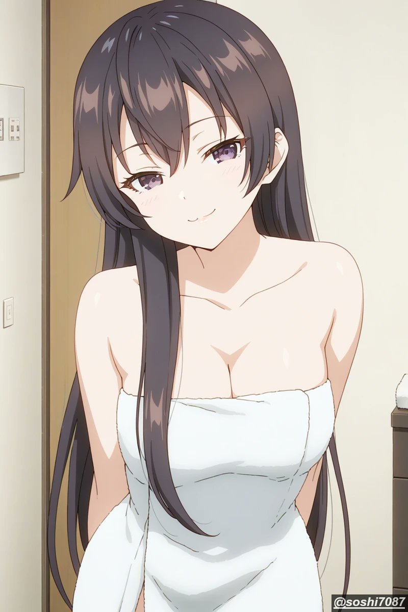 :3, 1girls, bare shoulders, bathroom, breasts, cleavage, collarbone, eye contact, female, female only, hair down, long hair, looking at viewer, medium breasts, purple eyes, seductive, seductive eyes, seductive look, seductive mouth, seductive smile, sister, smug, suou yuki, teasing, tokidoki bosotto russian de dereru tonari no alya-san, towel, towel only