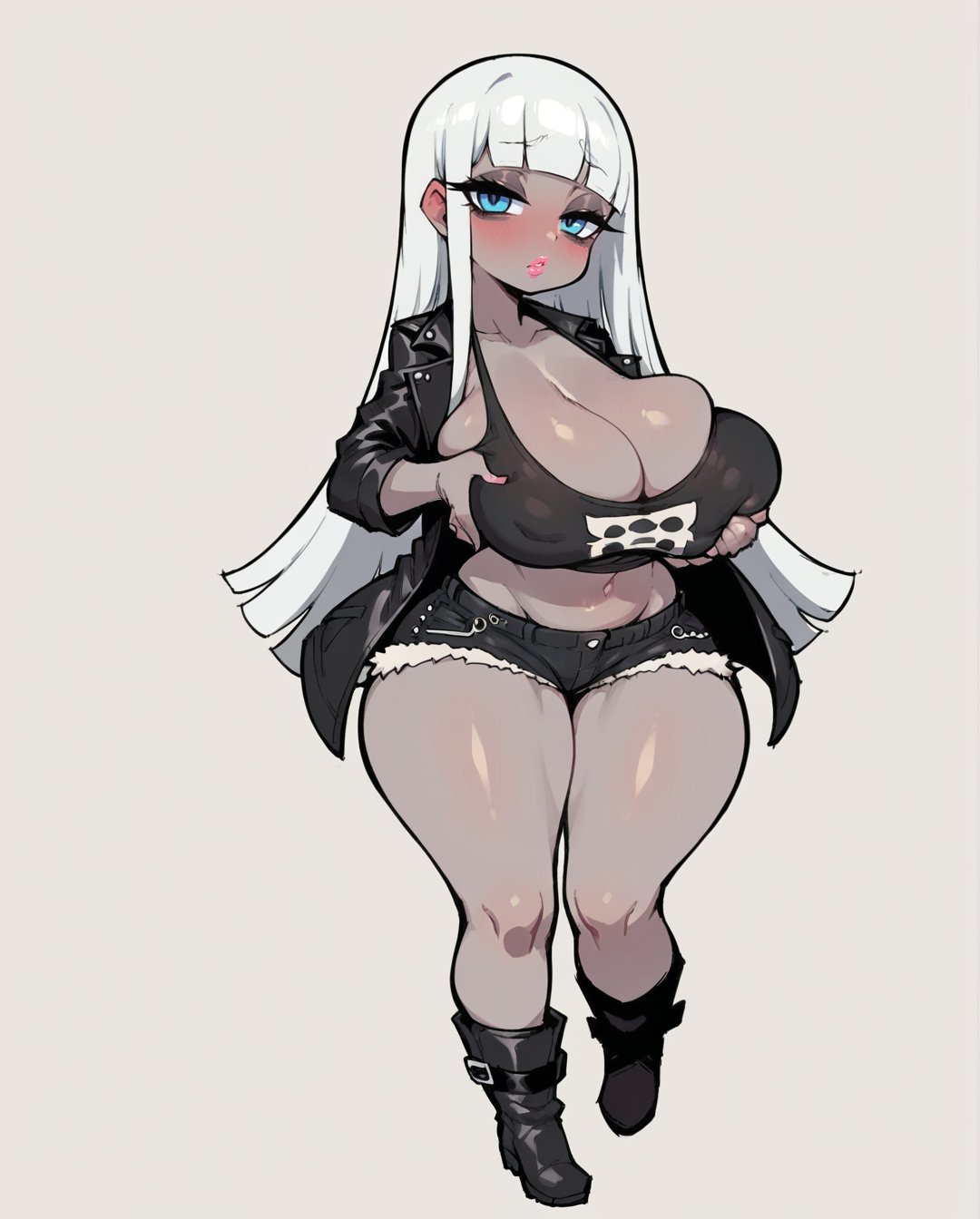 1girls, ai generated, big breasts, black clothing, blue eyes, breasts, clothed, clothing, female, female only, goth, goth girl, long hair, looking at viewer, original, rocksolidart, shortstack, solo, solo female, thick thighs, white hair, wide hips