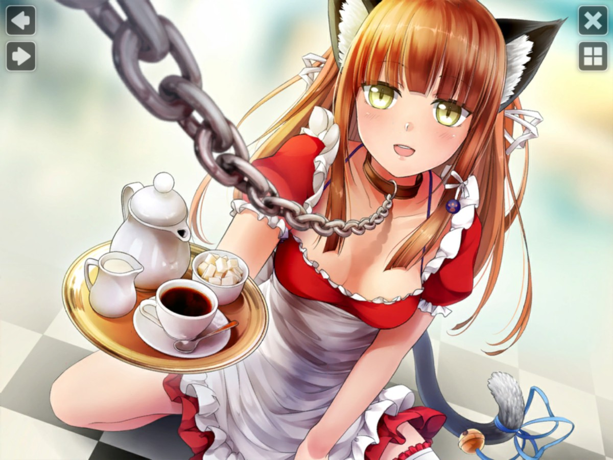 cat ears, cat tail, chains, female, game cg, huniepop, light brown hair, maid outfit, momo (huniepop), open mouth, solo, tail, yellow eyes