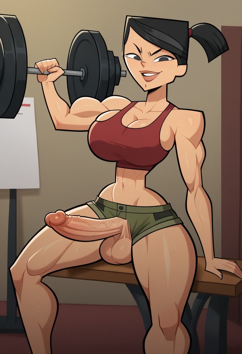 ai_generated big_breasts big_penis black_hair breasts dickgirl futanari heather_(tdi) legs legs_up muscular muscular_female penis short_hair solo solo_futa total_drama_island