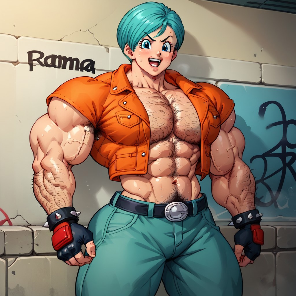 1female 1girl 1girls abs ai_generated arms_up bulma_briefs chest_hair dominant dominant_female domination dragon_ball dragon_ball_super dragon_ball_z extreme_muscles female_focus female_only gym hairy_armpits hairy_chest hairy_pussy highres large_pectorals milf muscle_girl muscular muscular_female pecs pectorals tagme transformation