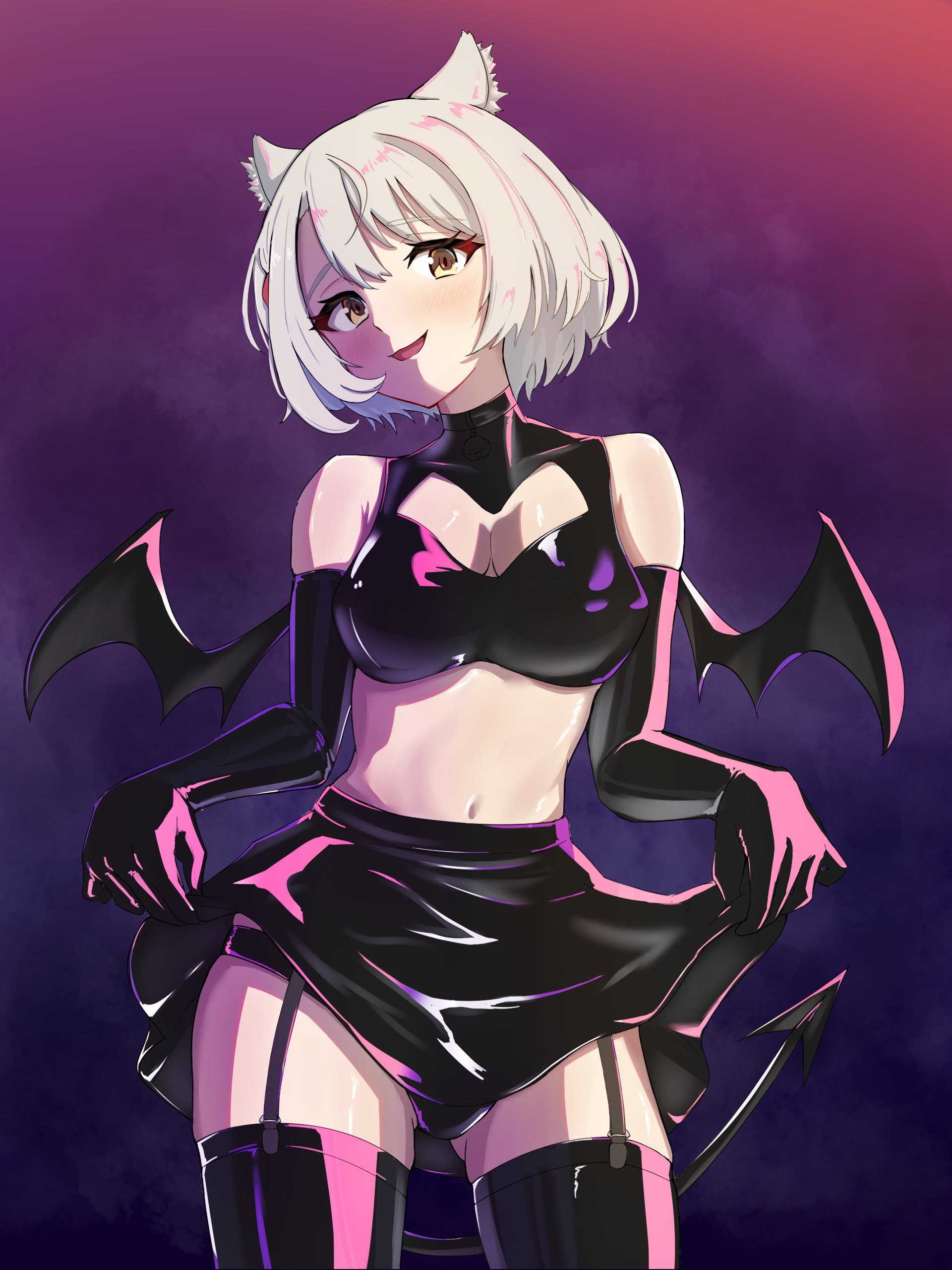 1girls, absurd res, bare shoulders, black boots, black skirt, black thighhighs, breasts, cat ears, catgirl, cleavage, demon, devil, elbow gloves, female, female only, gloves, halloween, highres, hourglass figure, latex, latex gloves, latex thighhighs, medium breasts, midriff, mio (xenoblade), monolith soft, nintendo, short hair, silver hair, skirt, succubus, succubus costume, succubus wings, thick thighs, thighhighs, thighs, timosan, wings, xenoblade (series), xenoblade chronicles 3, yellow eyes