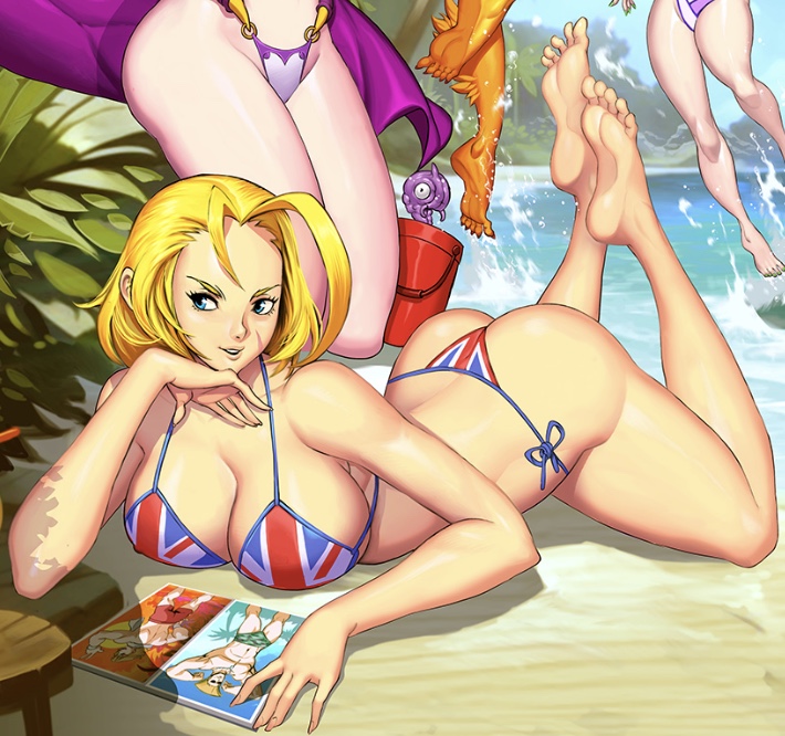 ass battle_circuit beach bikini bocas_top bubble_butt cammy_white capcom crossover female_focus flag_bikini genzoman large_breasts lying_on_stomach multiple_girls outdoors seaside side-tie_bikini solo_focus street_fighter swimsuit union_jack union_jack_bikini