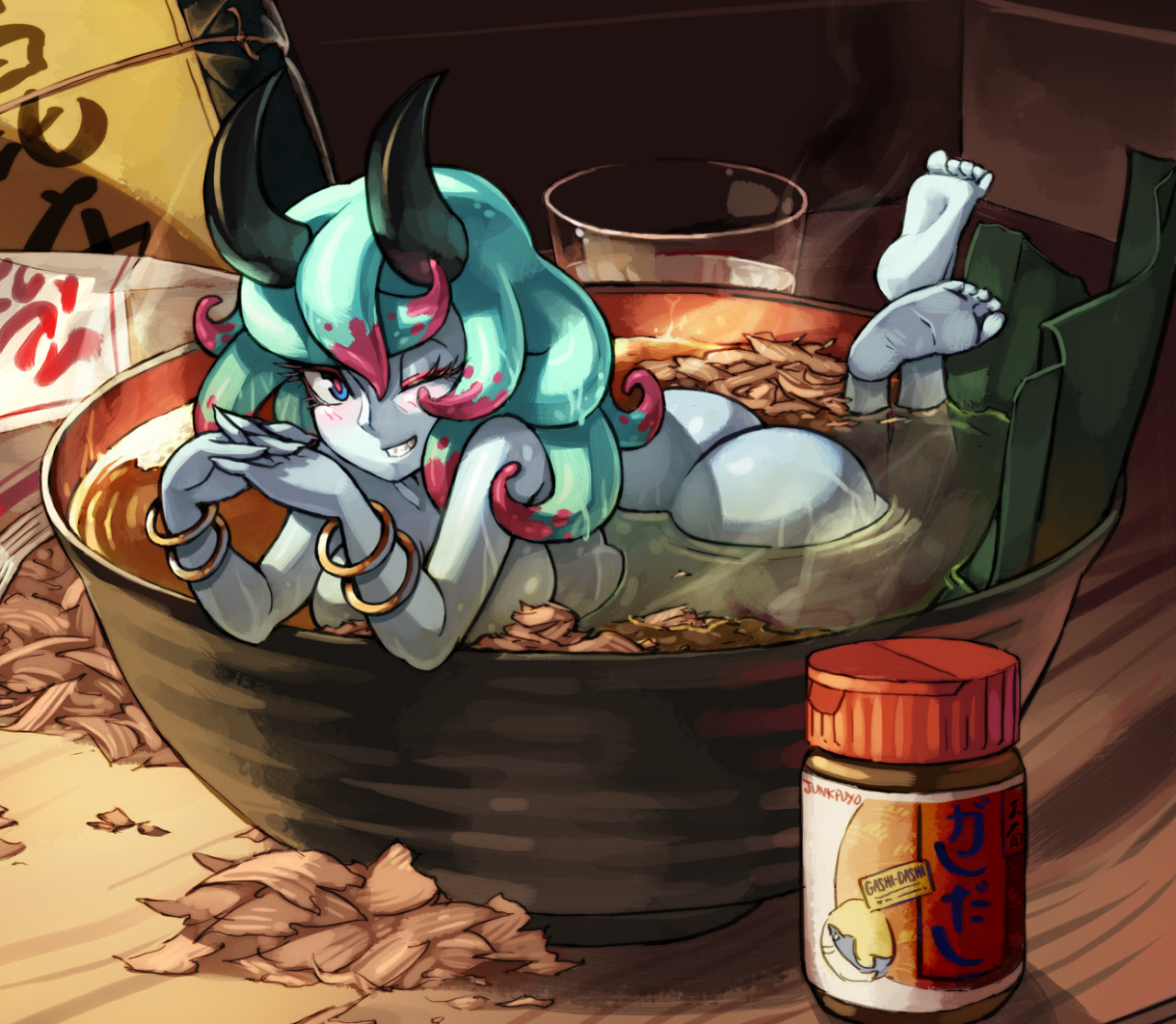 bath, blush, demon, demon girl, female, horns, junkpuyo, looking at viewer, monster girl, nude, original, zigza (gashi-gashi)
