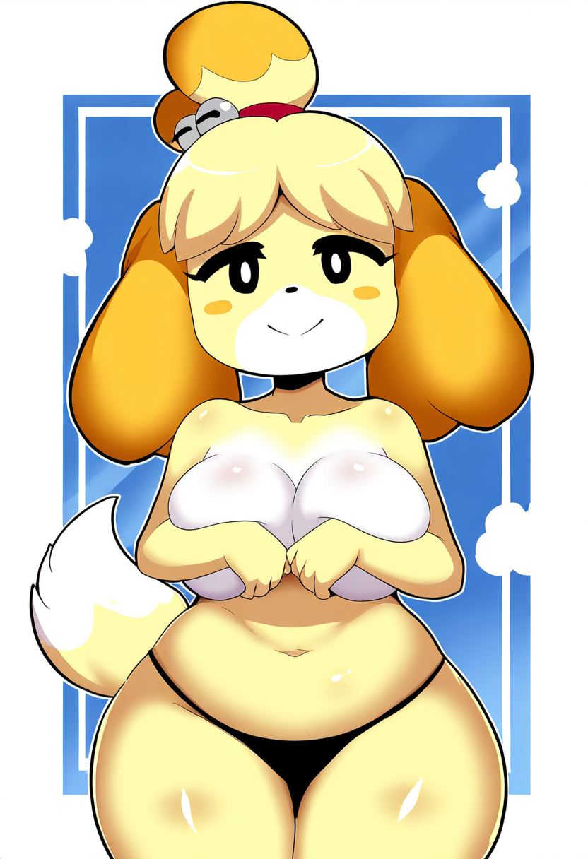 ai_generated animal_crossing anthro big_breasts blonde_hair blush breasts canid canine canis clothed clothing covering covering_breasts covering_self curvy_figure digital_media_(artwork) dipstick_tail domestic_dog female front_view fur hair hellsonger hi_res isabelle_(animal_crossing) looking_at_viewer mammal multicolored_tail navel nintendo panties portrait shih_tzu simple_background slightly_chubby smile solo tail_markings thick_thighs topless toy_dog underwear voluptuous wide_hips yellow_body yellow_fur