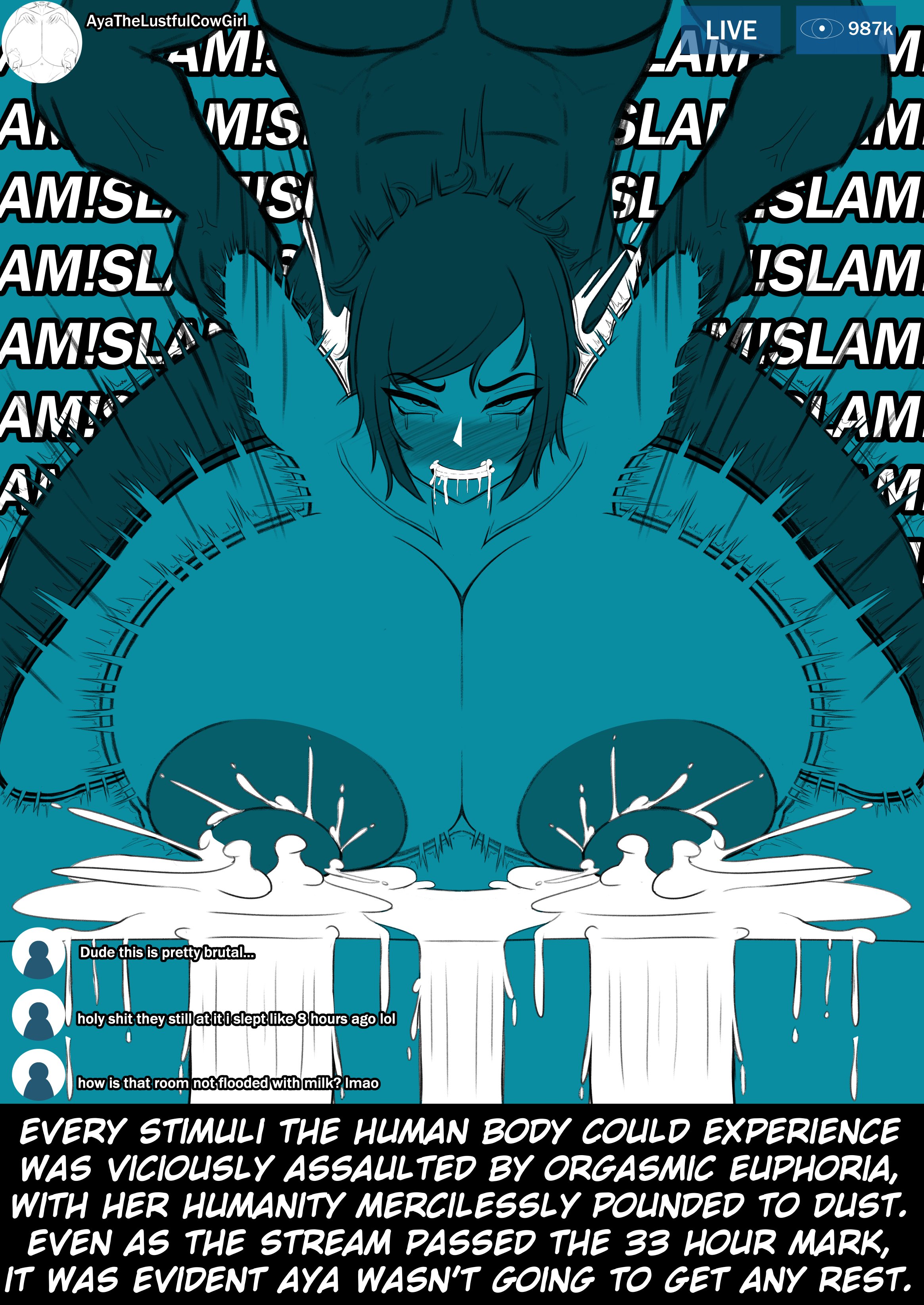 absurdly lengthy sex, breasts, dark skin, dark-skinned male, female, from behind, hyper breasts, hyper penis, lactation, male, marianatrencher, penis, tomboy