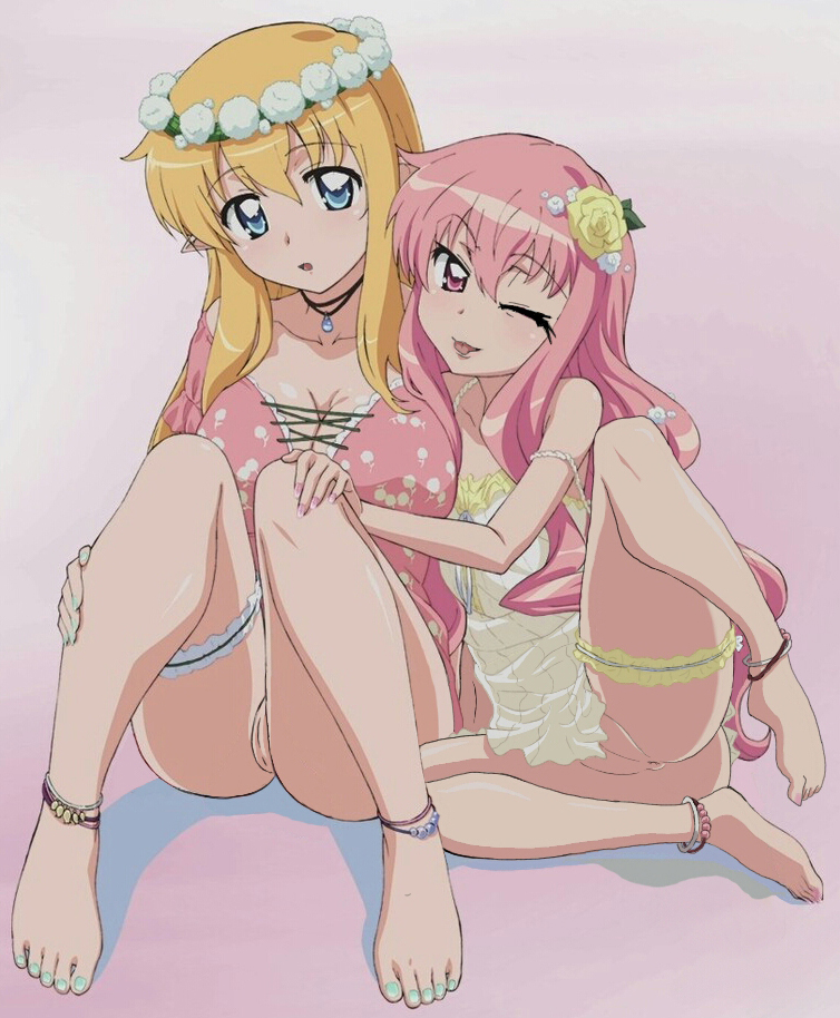 2girls anklet babydoll barefoot blonde_hair blue_eyes breasts cleavage clothing cover dvd_cover edit elf feet flower frills fujii_masahiro hair_flower hair_ornament head_wreath jewelry large_breasts long_hair louise_francoise_le_blanc_de_la_valliere multiple_girls nail_polish naughty_face necklace no_panties official_art pink_eyes pink_hair pointy_ears presenting pussy sitting spread_legs strap_slip tiffania_westwood toenail_polish toes tongue uncensored winking zero_no_tsukaima