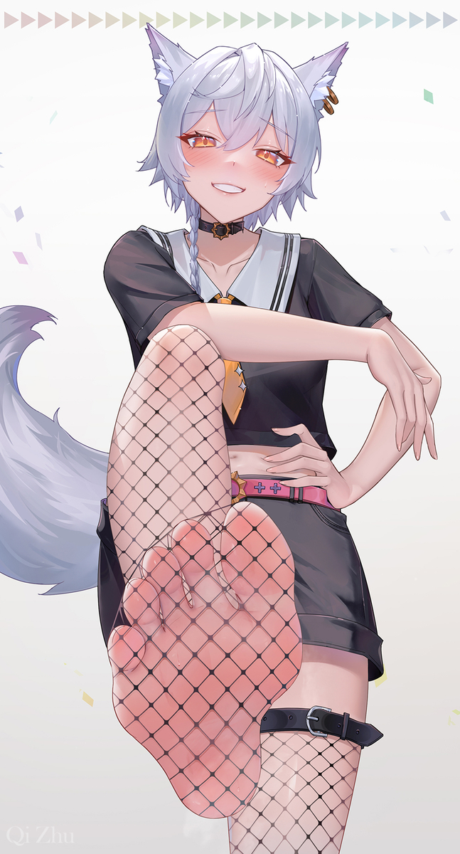 assertive_female blushing cat_ears cat_girl cat_tail catgirl catgirl_tail cute cute_face cute_girl dominant_female feet feline female_focus femdom fishnets foot_fetish foot_focus foot_lick foot_worship footjob looking_down_at_viewer pink_soles qizhu skirt smirk smirking smug smug_face soles soles_female stepped_on stepping_on_face stepping_on_head stepping_on_penis white_hair yellow_eyes