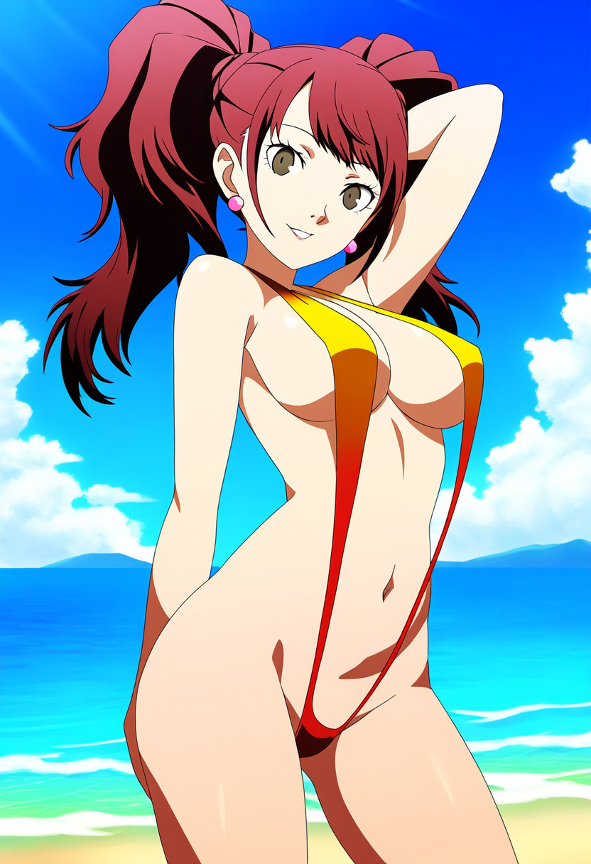 1girls ai_generated alternate_costume atlus beach breasts brown_hair brown_hair_female female female_focus female_only kujikawa_rise light-skinned_female light_skin long_hair long_hair_female looking_at_viewer megami_tensei nai_diffusion persona persona_4 pinup ryu_ai sega sling_bikini solo solo_female solo_focus stable_diffusion swimsuit