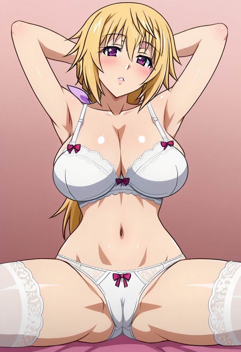 1girls ai_generated akairiot_(style) armpits arms_behind_head big_breasts blonde_hair bow bra breasts busty charlotte_dunois cleavage clothed_female_nude_male female gastkeser82 head_tilt huge_breasts infinite_stratos large_breasts legs_apart long_hair navel panties parted_lips pose posing purple_eyes ribbon ribbon_in_hair sexy_armpits smile solo_female stomach thighhighs tied_hair underwear white_bra white_panties