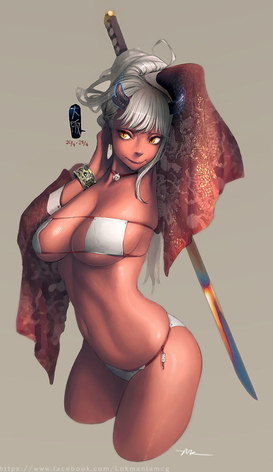 bikini breasts cleavage demon demon_girl eyepatch_bikini female horns large_breasts lokman_lam lokmanlam navel oni red_skin smile solo standing sword weapon white_hair wristband yellow_eyes