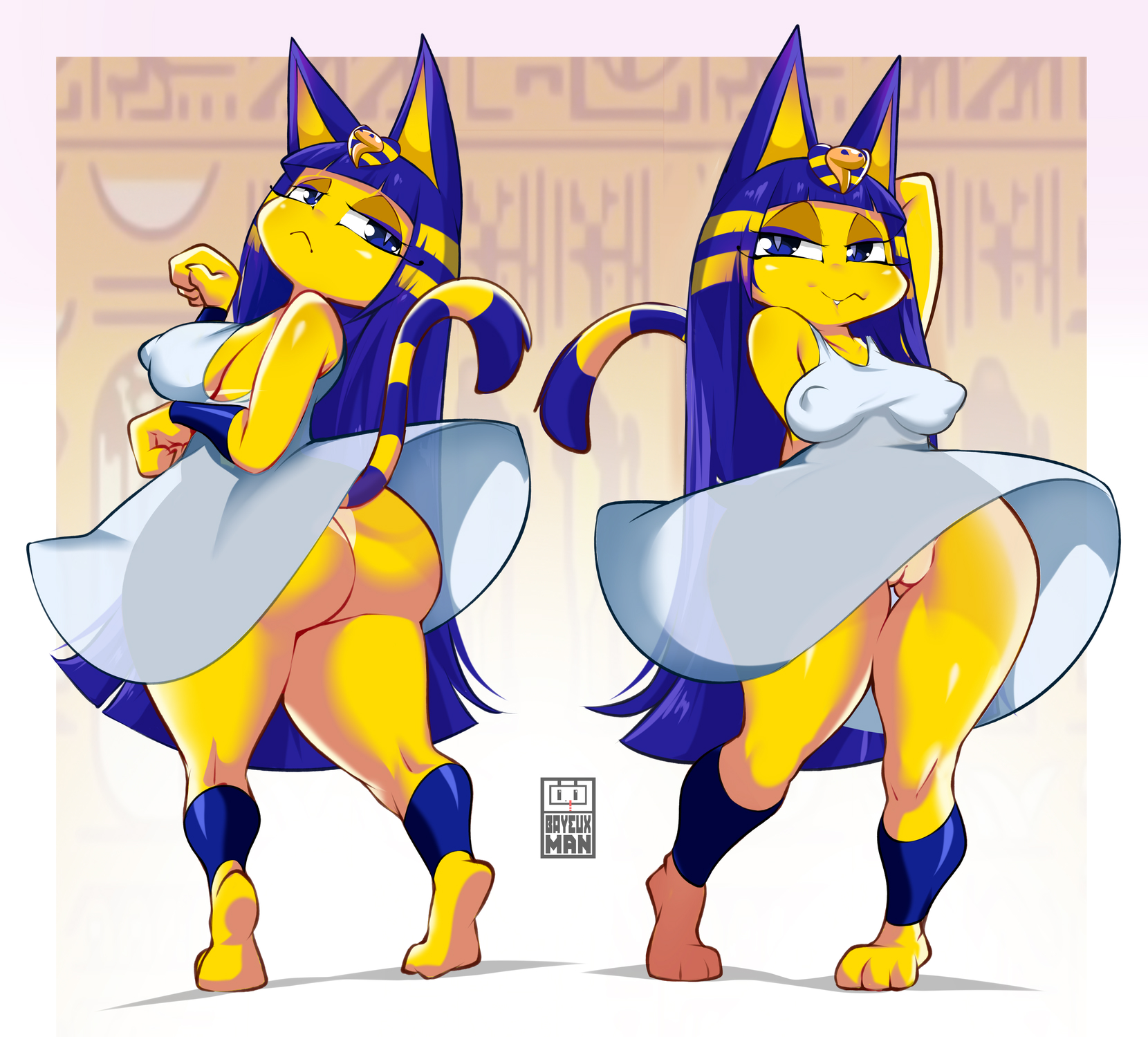 :3, 1girls, animal crossing, ankha, ankha (animal crossing), ass, bayeuxman, blue hair, bottomless, breasts, dress, female, full body, higher resolution available, huge ass, long hair, looking at viewer, medium breasts, nintendo, nipples visible through clothing, no panties, nopan, paw pose, solo, standing, thick thighs, thighs, upskirt, very long hair, wide hips, yellow body, yellow fur