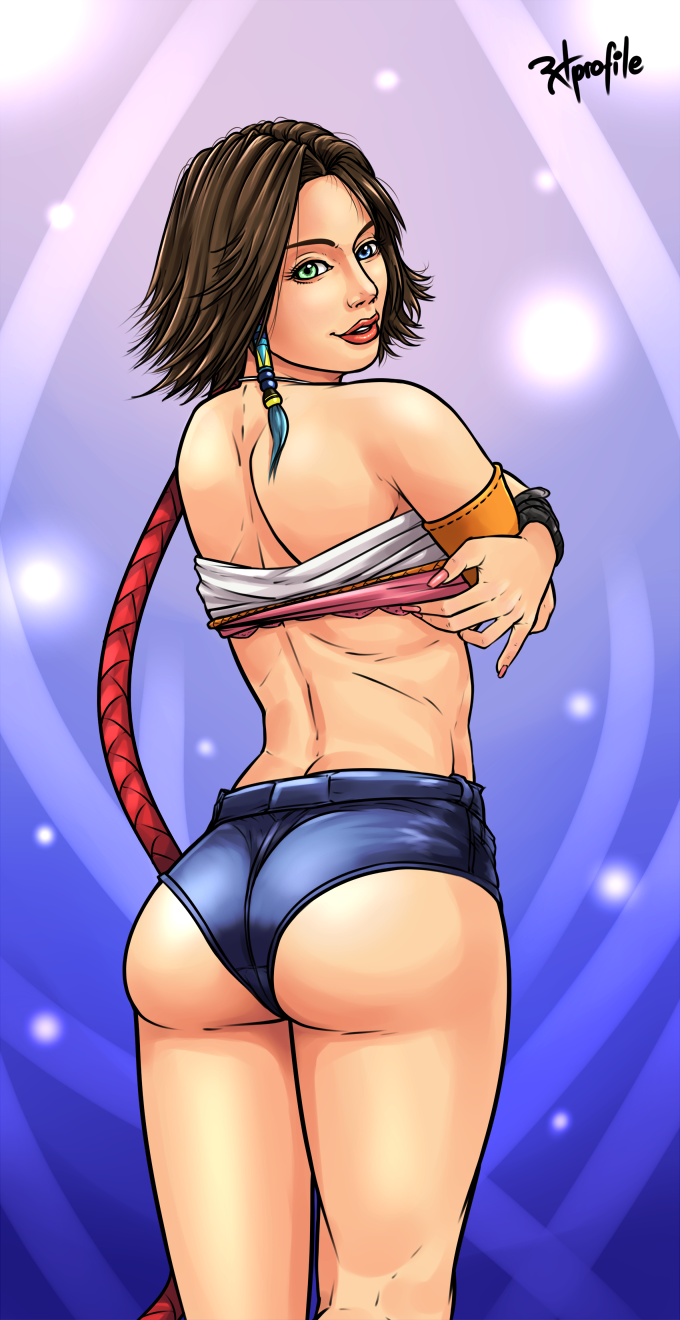 ass brown_hair dat_ass denim_shorts female female_only final_fantasy final_fantasy_x final_fantasy_x-2 heterochromia human jean_shorts looking_back radprofile shorts solo standing yuna