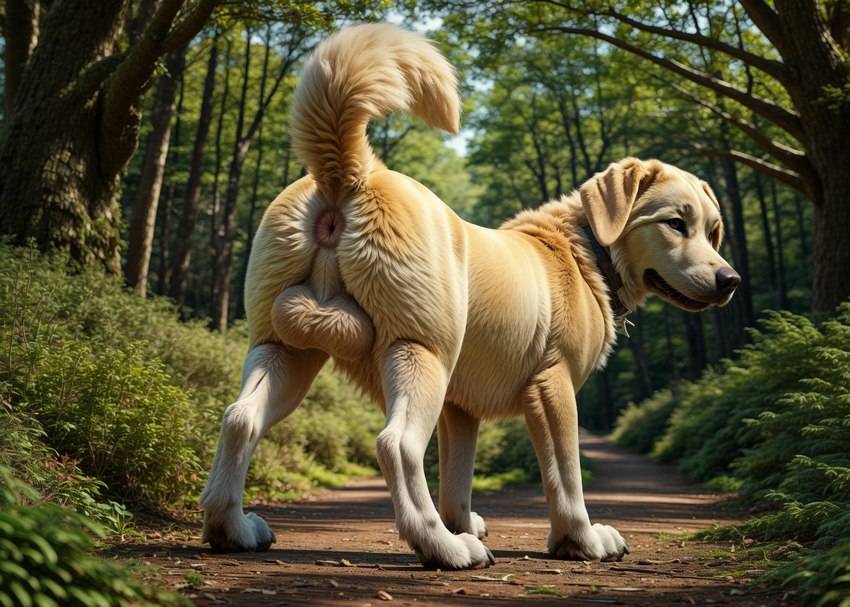 ai_generated ass_focus back_focus back_view balls balls_focus big_balls canid canine canis feral feral_only golden_fur golden_retriever looking_away male male_only solo solo_focus yellow_fur