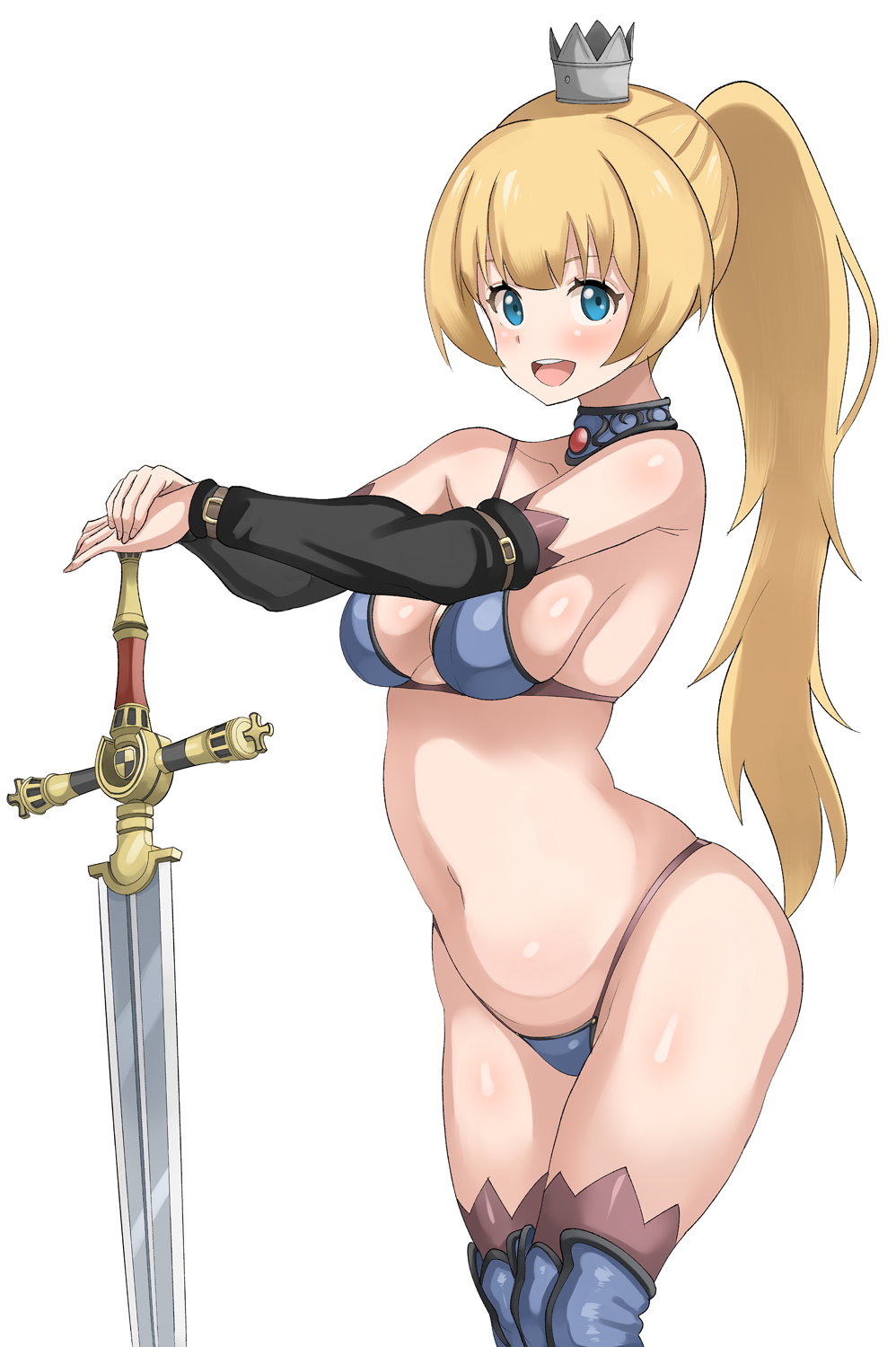 arched_back bikini bikini_armor black_sleeves blonde_hair blue_bikini blue_collar blue_eyes blue_footwear boots breasts collar collarbone crown detached_sleeves ex_(himesama_goumon) eyebrows eyelashes feet_out_of_frame female female_focus from_side highres hime-sama_"goumon"_no_jikan_desu hime_(himesama_goumon) long_hair looking_at_viewer looking_to_the_side medium_breasts navel norakuro_nero open_mouth ponytail simple_background smile solo standing swimsuit sword teeth thigh_boots upper_teeth_only weapon