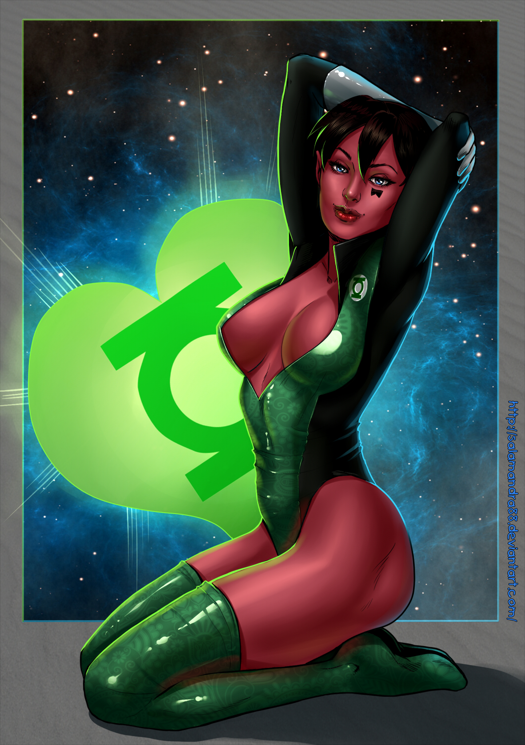 1girls black_hair blue_eyes boots breasts cleavage costume dc dc_comics deep_cleavage female female_only gloves green_lantern green_lantern_(series) green_lantern_corps kneeling large_breasts pinup pinup_pose posing red_skin salamandra salamandra88 short_hair solo soranik_natu swimsuit thighhighs