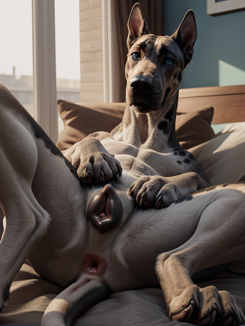 ai_generated ass black_fur blue_eyes canid canine canine_genitalia canine_pussy canis female female_focus feral feral_only great_dane laying_on_bed looking_at_viewer pussy pussy_focus solo solo_female solo_focus white_fur