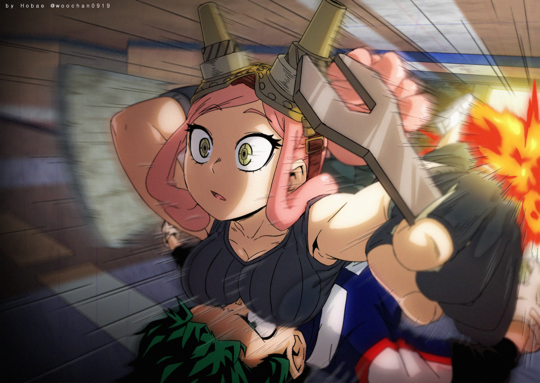 1boy, 1girls, breast smother, breasts, breasts on face, busty, canonical scene, explosion, female, funny, gloves, green eyes, green hair, green-haired male, izuku midoriya, male, mei hatsume, my hero academia, pink hair, pink-haired female, rainbow (artist), smothering, wrench, yellow eyes