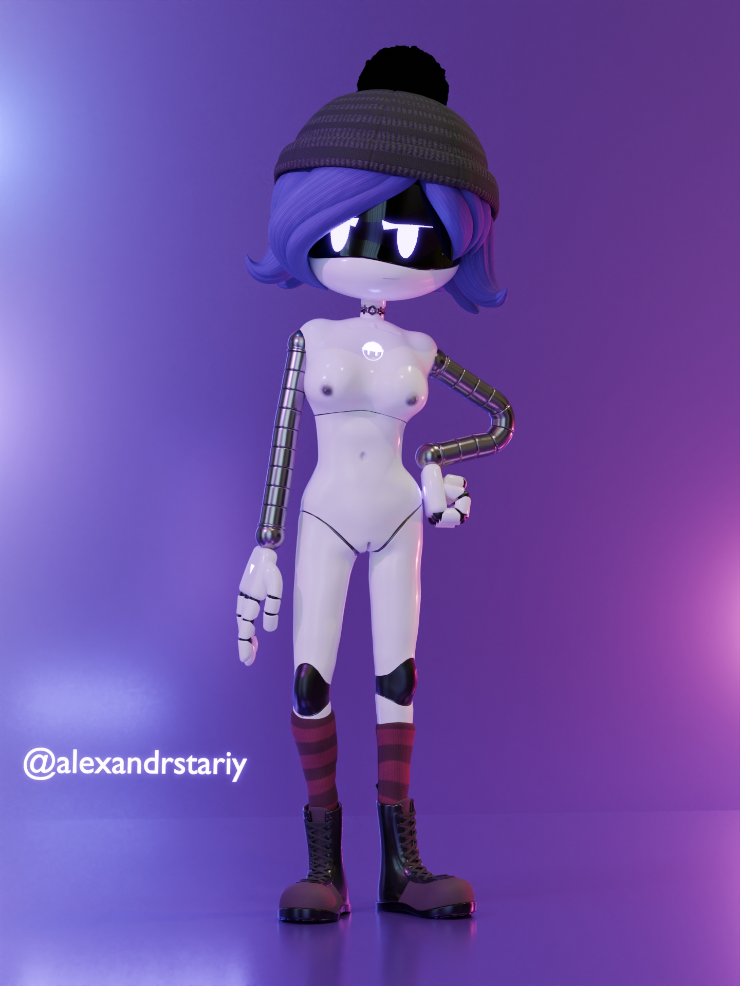 1girls, 3d, accurate art style, alexandrstariy, boots, breasts, female, female only, humanoid, murder drones, robot, robot girl, robot humanoid, screen face, socks, solo, uzi (murder drones)
