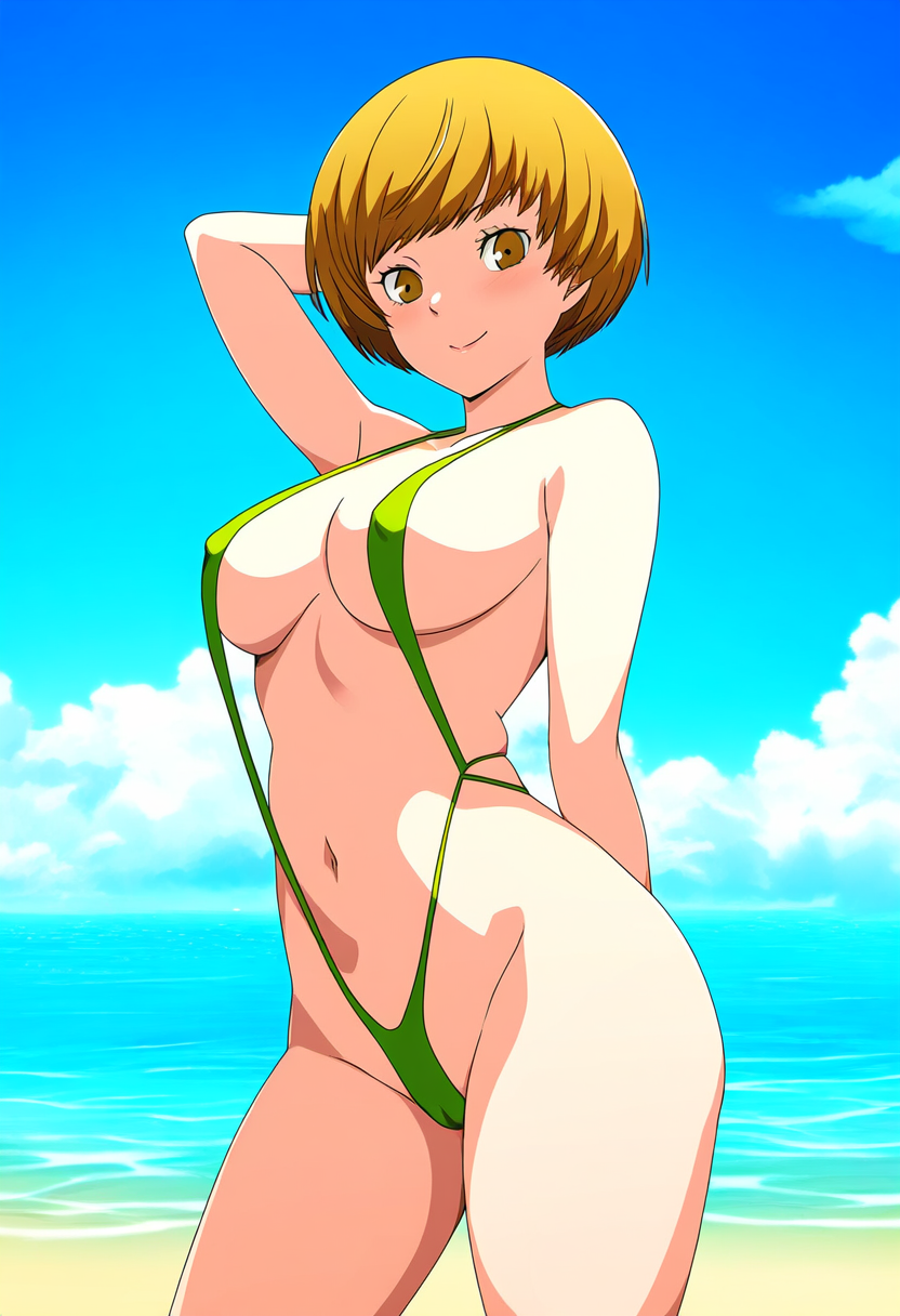 1girls ai_generated alternate_costume atlus beach breasts brown_eyes_female brown_hair brown_hair_female female female_focus female_only green_sling_bikini light-skinned_female light_skin looking_at_viewer megami_tensei nai_diffusion persona persona_4 pinup ryu_ai satonaka_chie sega sling_bikini solo solo_female solo_focus stable_diffusion swimsuit tomboy