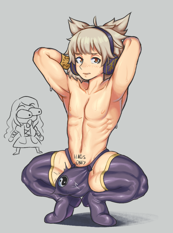 1boy 1girls boots bulge_through_clothing cute_male genderswap_(ftm) hands_behind_head headphones hijiri_byakuren muscular_male rule_63 small_but_hung snacks_(artist) spread_legs squatting sweat tattoo touhou toyosatomimi_no_miko yellow_eyes