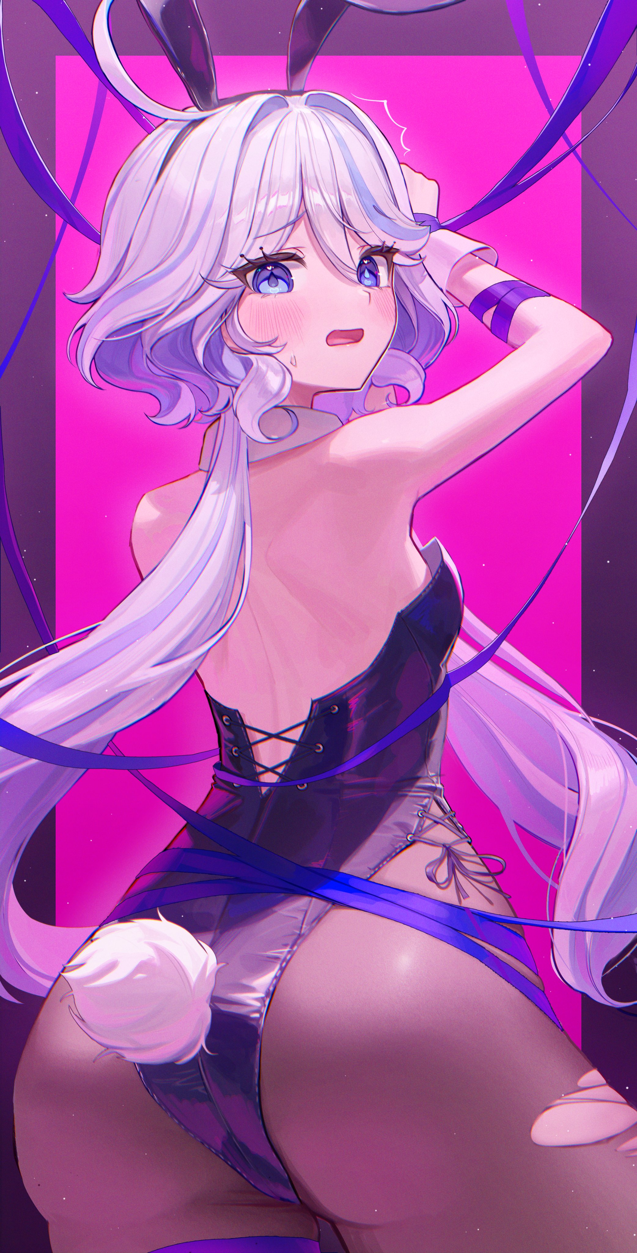 1girls, ass, back view, backsack, balls, ballsack, blue eyes, blue hair, blush, bondage, breasts, bunny ears, bunny girl, bunny tail, bunnysuit, female, from behind, furina (genshin impact), genshin impact, leotard, looking at viewer, male, playboy bunny, rear view, small breasts, solo, tied up, white hair
