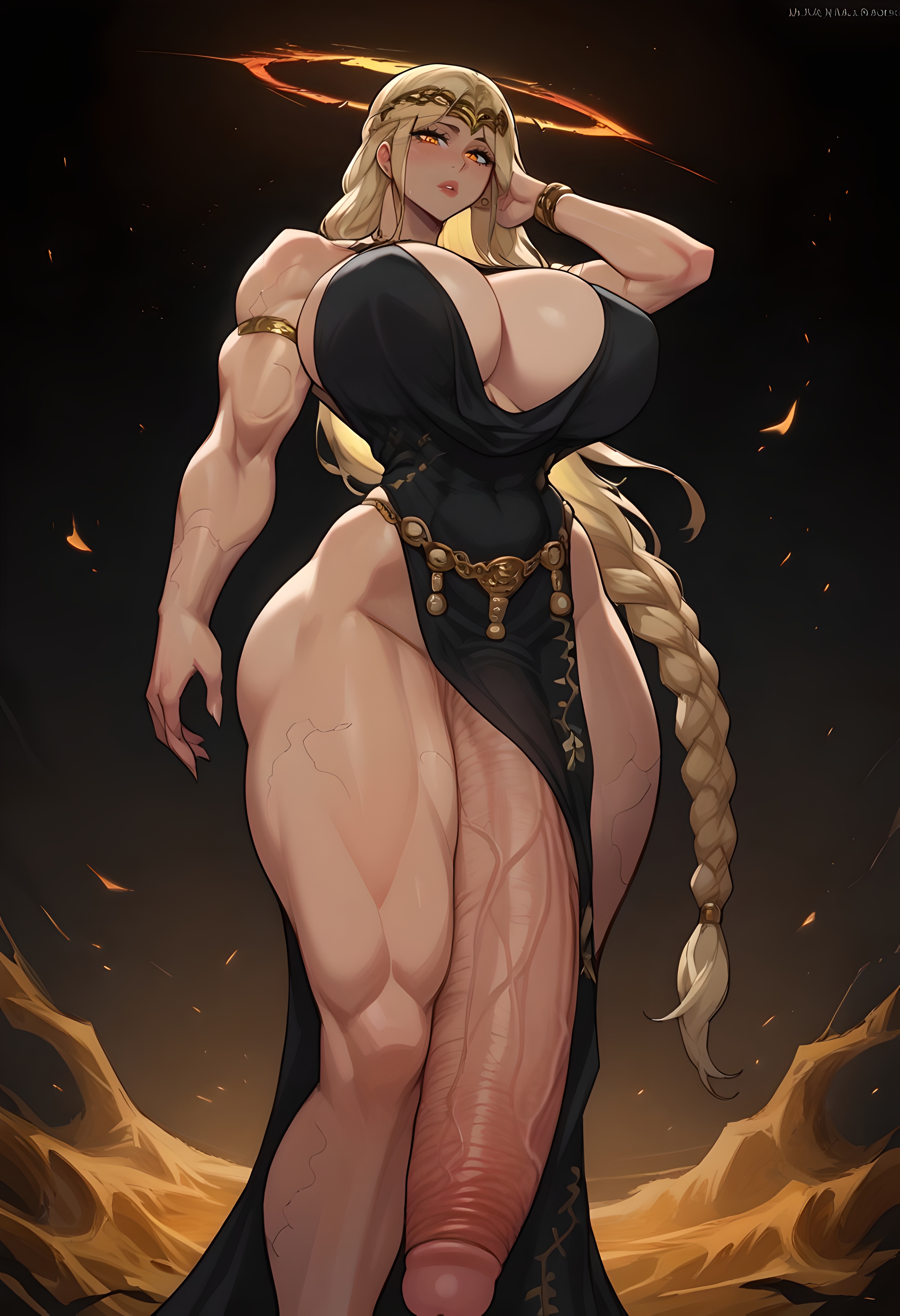 ai generated, breasts, dress, elden ring, futa only, futanari, huge breasts, huge cock, hung futa, intersex, massive breasts, massive penis, muscular, muscular futa, muscular thighs, pelvic curtain, penis, queen marika the eternal, solo, standing, supermanson, toned, toned futa, veins, veiny penis