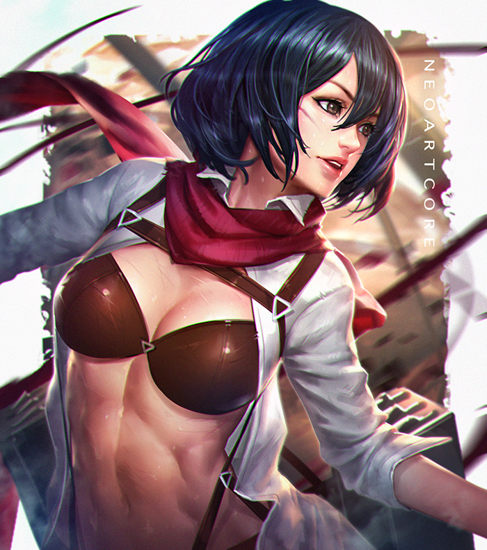 1girls, attack on titan, black hair, bra, brown eyes, cleavage, female, female only, mikasa ackerman, navel, neoartcore, open clothes, open shirt, scarf, shingeki no kyojin, shirt, short hair, solo, straps, sweat