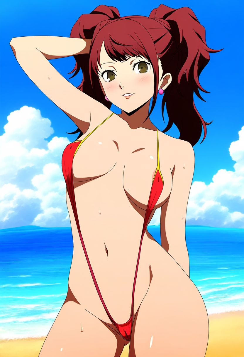 1girls ai_generated alternate_costume atlus beach breasts brown_hair brown_hair_female female female_focus female_only kujikawa_rise light-skinned_female light_skin long_hair long_hair_female looking_at_viewer megami_tensei nai_diffusion persona persona_4 pinup ryu_ai sega sling_bikini solo solo_female solo_focus stable_diffusion swimsuit