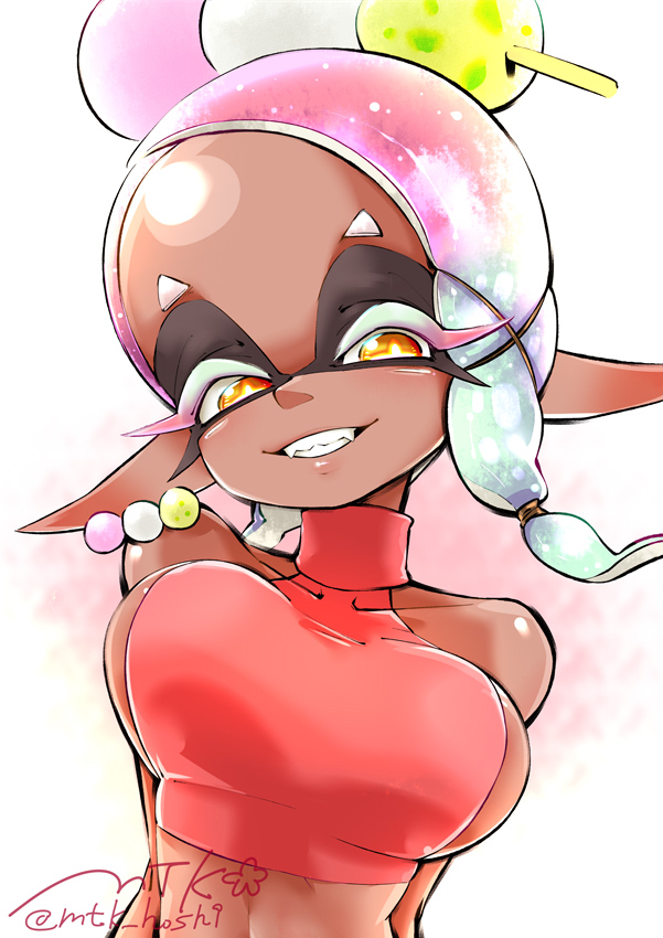 big_breasts big_forehead dark-skinned_female dark_skin frye_(splatoon) frye_(springfest) frye_onaga inkling mtk_hoshi sideboob smile splatfest splatoon splatoon_(series) splatoon_3 springfest_outfit